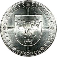 reverse of 5 Kronor - Gustaf V - Anniversary of Riksdag (1935) coin with KM# 806 from Sweden. Inscription: 1435 SVERIGES RIKSDAG 1935 5 KRONOR