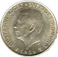 obverse of 5 Kronor - Gustaf VI Adolf - Constitution (1959) coin with KM# 830 from Sweden. Inscription: GUSTAF VI ADOLF SVERIGES KONUNG 1959
