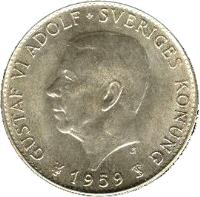 Sweden coin 5 Kronor - Gustaf VI Adolf - Constitution (1959) obverse obverse of 5 Kronor - Gustaf VI Adolf - Constitution (1959) coin with KM# 830 from Sweden. Inscription: GUSTAF VI ADOLF SVERIGES KONUNG 1959