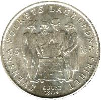 reverse of 5 Kronor - Gustaf VI Adolf - Constitution (1959) coin with KM# 830 from Sweden. Inscription: SVENSKA FOLKETS LAGBUNDNA FRIHET 6 JUNI 1809