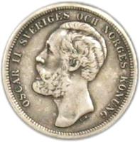 obverse of 1 Krona - Oscar II (1877 - 1889) coin with KM# 747 from Sweden.