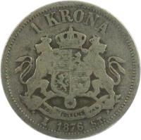 reverse of 1 Krona - Oscar II (1875 - 1876) coin with KM# 741 from Sweden. Inscription: 1 KRONA BRÖDRA FOLKENS VÄL 1876 S.T.