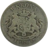 Sweden coin 1 Krona - Oscar II (1875 - 1876) reverse reverse of 1 Krona - Oscar II (1875 - 1876) coin with KM# 741 from Sweden. Inscription: 1 KRONA BRÖDRA FOLKENS VÄL 1876 S.T.