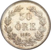 Sweden coin 50 Öre - Oscar II (1875 - 1899) reverse reverse of 50 Öre - Oscar II (1875 - 1899) coin with KM# 740 from Sweden. Inscription: 50 ÖRE 1880