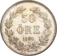 reverse of 50 Öre - Oscar II (1875 - 1899) coin with KM# 740 from Sweden. Inscription: 50 ÖRE 1880