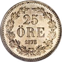Sweden coin 25 Öre - Oscar II (1874 - 1878) reverse reverse of 25 Öre - Oscar II (1874 - 1878) coin with KM# 738 from Sweden. Inscription: 25 ÖRE 1878