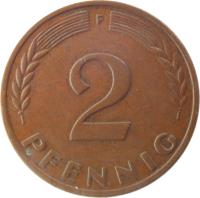 reverse of 2 Pfennig - Non magnetic (1950 - 1969) coin with KM# 106 from Germany. Inscription: D 2 PFENNIG