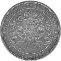 reverse of 2 Kronor - Oscar II - Silver Jubilee (1897) coin with KM# 762 from Sweden. Inscription: MINNE · AF · TJUGUFEMARIG · REGERING 1872 - 1897