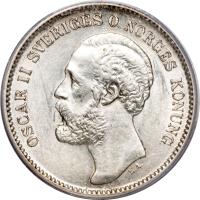 obverse of 2 Kronor - Oscar II - O in title (1876 - 1880) coin with KM# 742 from Sweden. Inscription: OSCAR II SVERIGES O NORGES KONUNG