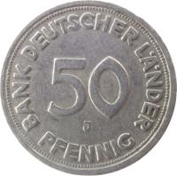 reverse of 50 Pfennig (1949 - 1950) coin with KM# 104 from Germany. Inscription: 50 PFENNIG BANK DEUTSCHER LÄNDER