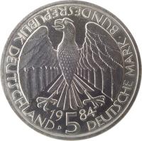 obverse of 5 Deutsche Mark - Deutscher Zollverein (1984) coin with KM# 160 from Germany. Inscription: BUNDESREPUBLIK DEUTSCHLAND D 1984 5 DEUTSCHE MARK