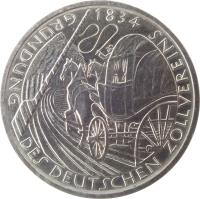 Germany coin 5 Deutsche Mark - Deutscher Zollverein (1984) reverse reverse of 5 Deutsche Mark - Deutscher Zollverein (1984) coin with KM# 160 from Germany. Inscription: GRUNDUNG DES DEUTSCHEN ZOLLVEREINIS 1834
