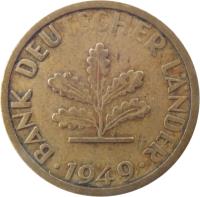 obverse of 5 Pfennig (1949) coin with KM# 102 from Germany. Inscription: BANK DEUTSCHER LÄNDER 1949