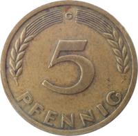 reverse of 5 Pfennig (1949) coin with KM# 102 from Germany. Inscription: J 5 PFENNIG