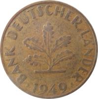 Germany coin 10 Pfennig (1949) obverse obverse of 10 Pfennig (1949) coin with KM# 103 from Germany. Inscription: BANK DEUTSCHER LÄNDER 1949