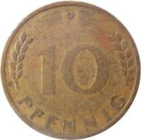 reverse of 10 Pfennig (1949) coin with KM# 103 from Germany. Inscription: G 10 PFENNIG
