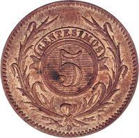 reverse of 5 Centésimos (1857) coin with KM# 8 from Uruguay. Inscription: 5 CENTESIMOS