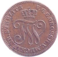 German States coin 2 Pfennige - Friedrich Wilhelm (1872) obverse obverse of 2 Pfennige - Friedrich Wilhelm (1872) coin with KM# 102 from German States. Inscription: V.G.G.GROSSH.V.MECKLENB.STRELITZ