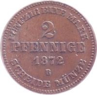 reverse of 2 Pfennige - Friedrich Wilhelm (1872) coin with KM# 102 from German States. Inscription: FÜNFZIG EINE MARK 2 PFENNIGE 1872 B SCHEIDE MÜNZE