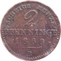 German States coin 2 Pfenninge - Wilhelm I (1861 - 1873) reverse reverse of 2 Pfenninge - Wilhelm I (1861 - 1873) coin with KM# 481 from German States. Inscription: SCHEIDE MÜNZE 2 PFENNINGE 1869 B
