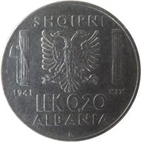 Albania coin 0.20 Lek - Vittorio Emanuele III (1939 - 1941) reverse reverse of 0.20 Lek - Vittorio Emanuele III (1939 - 1941) coin with KM# 29 from Albania. Inscription: SHQIPNI 1941 XIX LEK 0.20 ALBANIA R