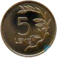 reverse of 5 Lekë (1995 - 2011) coin with KM# 76 from Albania. Inscription: 5 LEKE