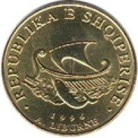 obverse of 20 Lekë - Non magnetic (1996 - 2012) coin with KM# 78 from Albania. Inscription: · REPUBLIKA E SHQIPERISE · 1996 A. LIBURNE