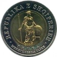 obverse of 100 Lekë (2000) coin with KM# 80 from Albania. Inscription: · REPUBLIKA E SHQIPERISE · 2000 TEUTA MBRETERESHA ILIRE