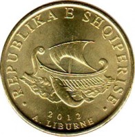 obverse of 20 Lekë - Magnetic (2012) coin with KM# 78a from Albania. Inscription: · REPUBLIKA E SHQIPERISE · 2012 A. LIBURNE