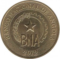 obverse of 1 Kwanza (2012) coin with KM# 108 from Angola. Inscription: BANCO NACIONAL DE ANGOLA BNA 2012