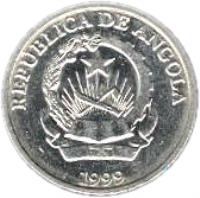 obverse of 1 Kwanza (1999) coin with KM# 97 from Angola. Inscription: REPUBLICA DE ANGOLA 1999