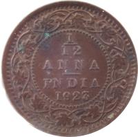 India coin 1/12 Anna - George V (1912 - 1936) reverse reverse of 1/12 Anna - George V (1912 - 1936) coin with KM# 509 from India. Inscription: 1 12 ANNA INDIA 1932