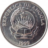Angola coin 2 Kwanzas (1999) obverse obverse of 2 Kwanzas (1999) coin with KM# 98 from Angola. Inscription: REPUBLICA DE ANGOLA 1999
