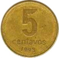 Argentina coin 5 Centavos - Reeded edge (1992 - 2005) reverse reverse of 5 Centavos - Reeded edge (1992 - 2005) coin with KM# 109 from Argentina. Inscription: 5 CENTAVOS 1992
