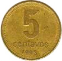 reverse of 5 Centavos - Reeded edge (1992 - 2005) coin with KM# 109 from Argentina. Inscription: 5 CENTAVOS 1992