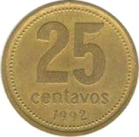 reverse of 25 Centavos (1992 - 2010) coin with KM# 110 from Argentina. Inscription: 25 centavos 1992