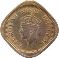 India coin 1/2 Anna - George VI (1942 - 1945) obverse obverse of 1/2 Anna - George VI (1942 - 1945) coin with KM# 534b from India. Inscription: GEORGE VI KING EMPEROR