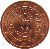 obverse of 1 Euro Cent (2002 - 2015) coin with KM# 3082 from Austria. Inscription: EIN EURO CENT 2013