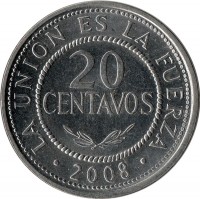 Bolivia coin 20 Centavos (1987 - 2008) reverse reverse of 20 Centavos (1987 - 2008) coin with KM# 203 from Bolivia. Inscription: LA UNION DE LA FUERZA 20 CENTAVOS 2008