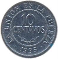 reverse of 10 Centavos (1987 - 2006) coin with KM# 202 from Bolivia. Inscription: LA UNION ES LA FUERZA 10 CENTAVOS .1991.