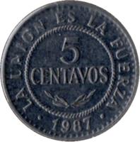 reverse of 5 Centavos (1987) coin with KM# 201 from Bolivia. Inscription: LA UNION DE LA FUERZA 1987 5 CENTAVOS