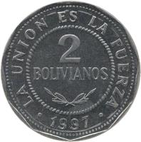 Bolivia coin 2 Bolivianos - Larger (1995 - 2008) reverse reverse of 2 Bolivianos - Larger (1995 - 2008) coin with KM# 206.2 from Bolivia. Inscription: LA UNION ES LA FUERZA 2 BOLIVIANOS · 2008 ·