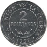 reverse of 2 Bolivianos - Larger (1995 - 2008) coin with KM# 206.2 from Bolivia. Inscription: LA UNION ES LA FUERZA 2 BOLIVIANOS · 2008 ·