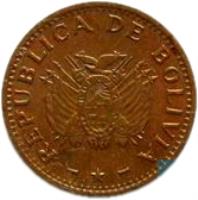 obverse of 10 Centavos (1997) coin with KM# 202a from Bolivia. Inscription: REPUBLICA DE BOLIVIA *