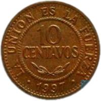 reverse of 10 Centavos (1997) coin with KM# 202a from Bolivia. Inscription: LA UNION ES LA FUERZA 10 CENTAVOS 1997