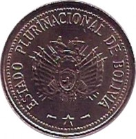 obverse of 10 Centavos (2010 - 2012) coin with KM# 214 from Bolivia. Inscription: ESTADO PLURINACIONAL DE BOLIVIA