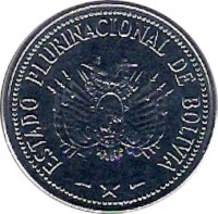 obverse of 20 Centavos (2010 - 2012) coin with KM# 215 from Bolivia. Inscription: ESTADO PLURINACIONAL DE BOLIVIA