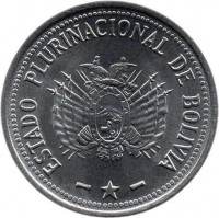 obverse of 50 Centavos (2010) coin with KM# 216 from Bolivia. Inscription: ESTADO PLURINACIONAL DE BOLIVIA