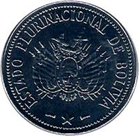 obverse of 1 Boliviano (2010 - 2012) coin with KM# 217 from Bolivia. Inscription: ESTADO PLURINACIONAL DE BOLIVIA