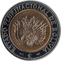 Bolivia coin 5 Bolivianos (2010 - 2012) obverse obverse of 5 Bolivianos (2010 - 2012) coin with KM# 219 from Bolivia. Inscription: ESTADO PLURINACIONAL DE BOLIVIA